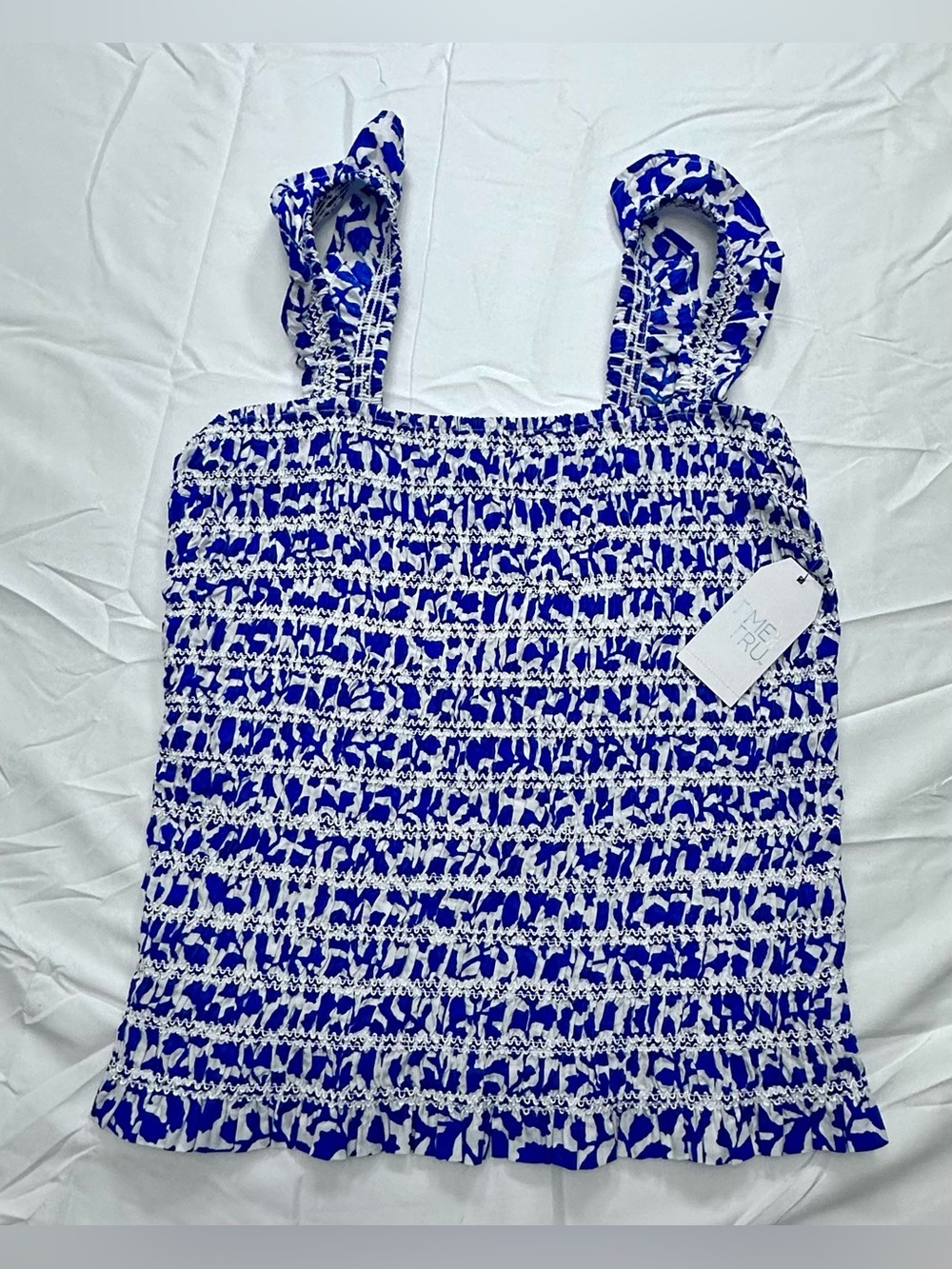 Time and Tru Blue and White Smocked Tank Top with Ruffled Straps